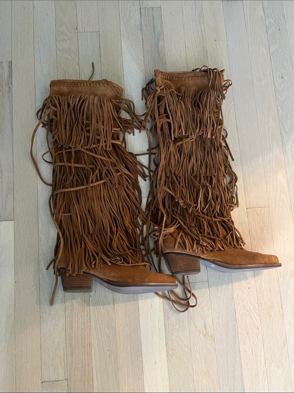 Fringe Suede Knee-High Boots - Brown